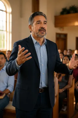 Latino Pastor Delivering Sermon in Church Hall