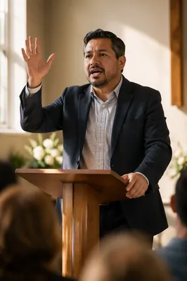 Pastor Preaching in Bright Church Interior