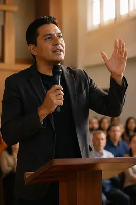 Latino Pastor Preaching in Church Sanctuary