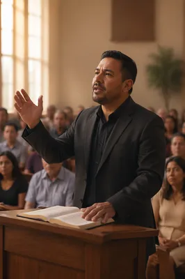Latino Pastor Preaching in Bright Worship Hall