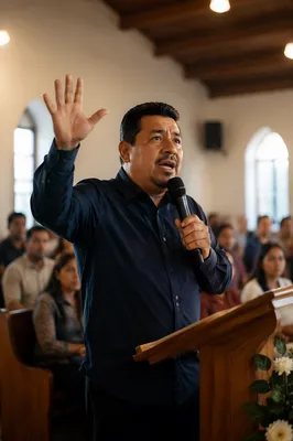 Latino Pastor Preaching in Church Hall