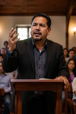 Latino Pastor Preaching in Church Sanctuary