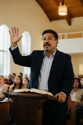 Latino Pastor Preaching in Modern Church