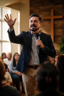 Latino Pastor Preaching in Church Sanctuary