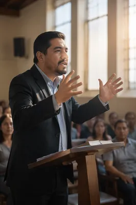 Latino Pastor Preaching in Modern Church Hall