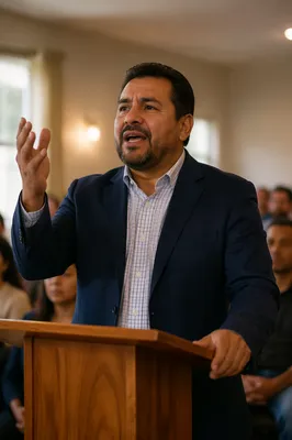 Latino Pastor Preaching in Worship Hall
