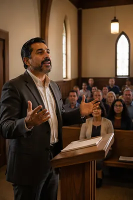 Latino Pastor Preaching in Church Sanctuary
