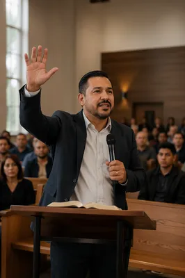 Latino Pastor Preaching in Community Church Hall
