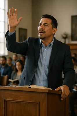 Latino Pastor Preaching in Church Hall
