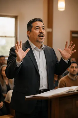 Passionate Preacher Speaking in Church Interior