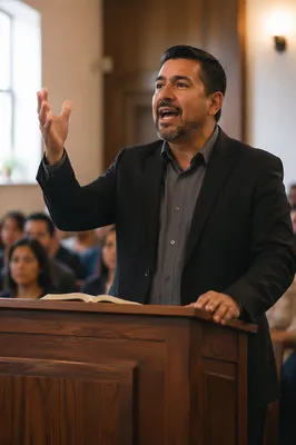 Latino Pastor Preaching in Church Sanctuary