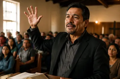 Passionate Preacher Speaking in Church Hall