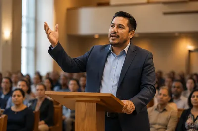 Latino Pastor Preaching in Bright Sanctuary