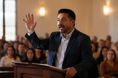 Latino Pastor Preaching in Church Hall