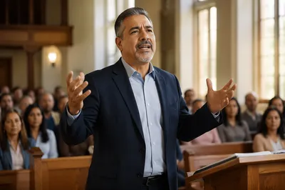 Latino Pastor Preaching in Bright Church Hall