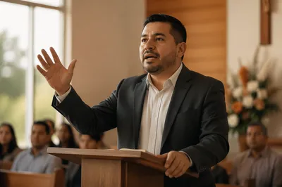 Latino Pastor Preaching Inside Bright Church