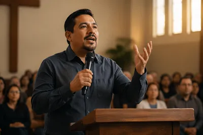 Latino Pastor Preaching in Church Sanctuary