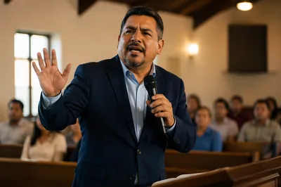 Passionate Preacher Speaking in Church Hall