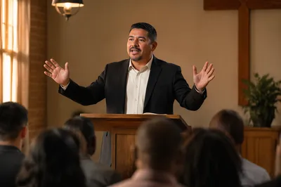 Latino Pastor Preaching in Church Sanctuary