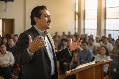 Latino Pastor Preaching in Modern Church Hall