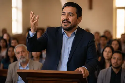 Passionate Preacher at Wooden Lectern