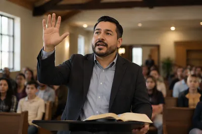 Latino Pastor Preaching in Bright Church Hall