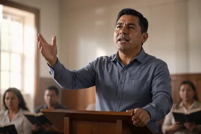 Latino Pastor Preaching in Church Hall