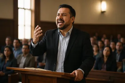 Passionate Pastor Speaking from Wooden Lectern