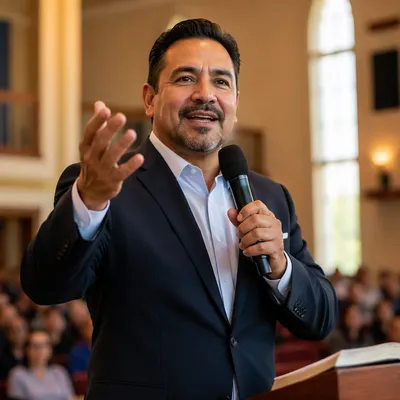 Latino Pastor Preaching in Modern Church
