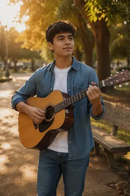 Teenage Boy Holding Guitar in Park
