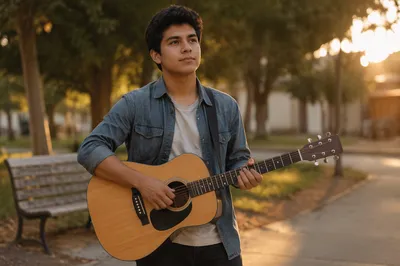 Latino Teen Boy with Acoustic Guitar