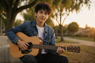 Latino Teen Boy with Guitar Outdoors