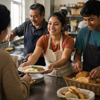 Latino Volunteers Serving Meals in Community Kitchen