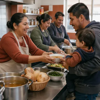 Latino Volunteers Serving Meal in Community Kitchen