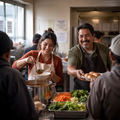 Latino Volunteers Serving Meals in Community Kitchen