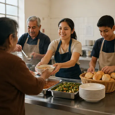 Latino Volunteers Serving Meal in Community Kitchen