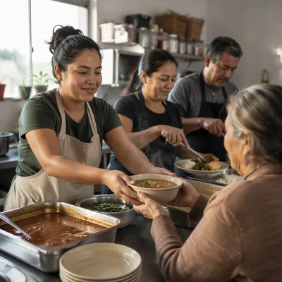 Latino Volunteers Serving Meals in Community Kitchen