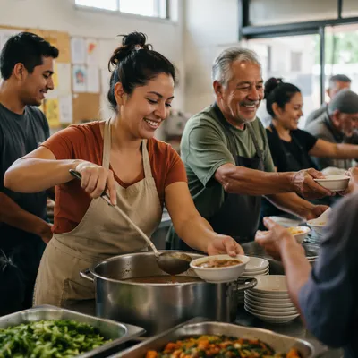 Latino Volunteers Serving Meals in Community Kitchen