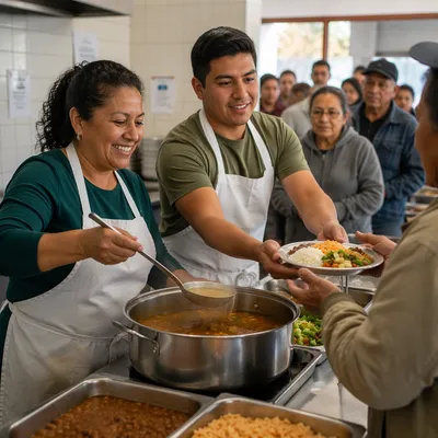 Latino Volunteers Serving Meals in Community Kitchen