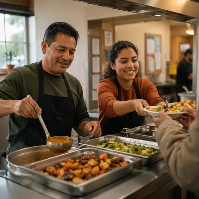 Latino Volunteers Serving Meals in Community Kitchen