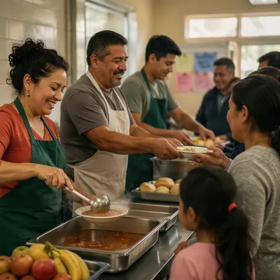 Latino Volunteers Serving Food in Community Kitchen