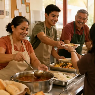 Latino Volunteers Serving Food in Kitchen