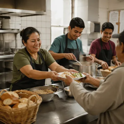 Latino Volunteers Serving Meals in Community Kitchen