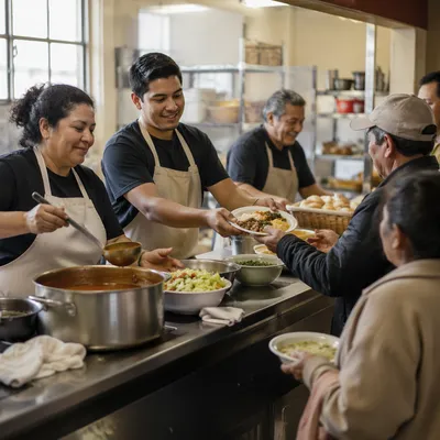 Latino Volunteers Serving Meals in Community Kitchen