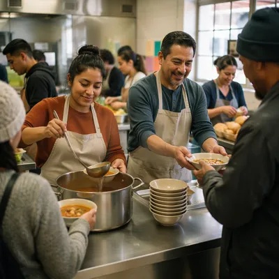 Latino Volunteers Serving Meals in Community Kitchen