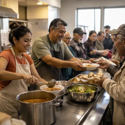 Latino Volunteers Serving Meals in Community Kitchen