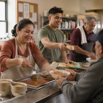 Latino Volunteers Serving Meals in Community Kitchen