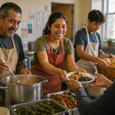 Latino Volunteers Serving Meals in Community Kitchen