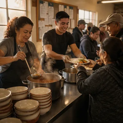 Latino Volunteers Serving Food in Community Kitchen