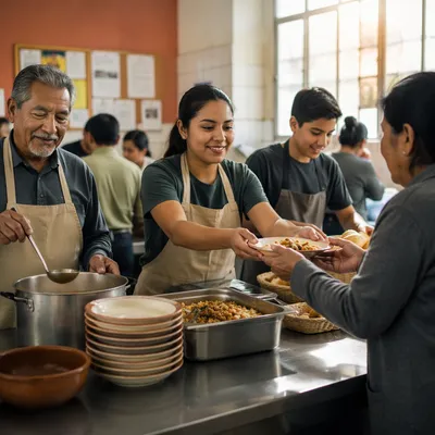 Latino Volunteers Serving Meals in Community Kitchen